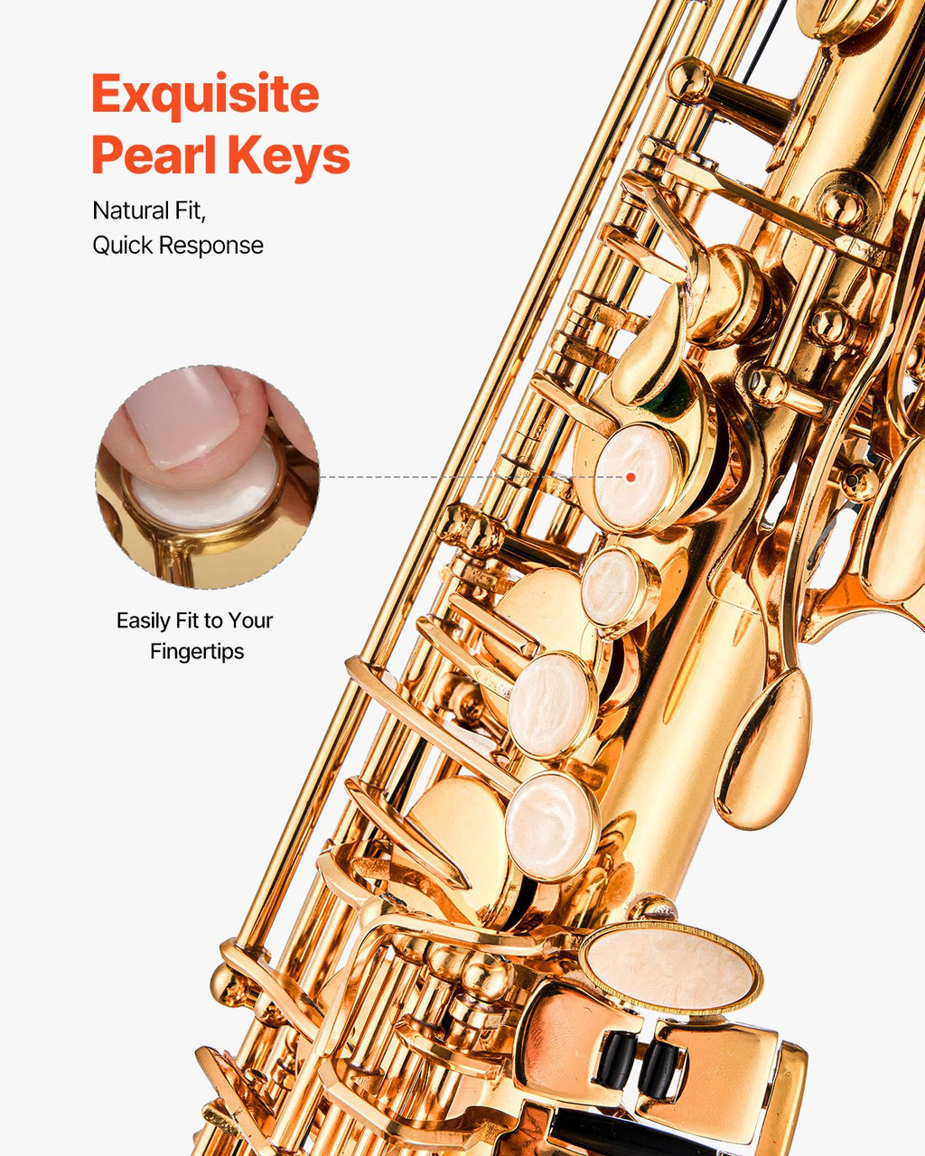Gold saxophone with close-up of pearl keys on a white background
