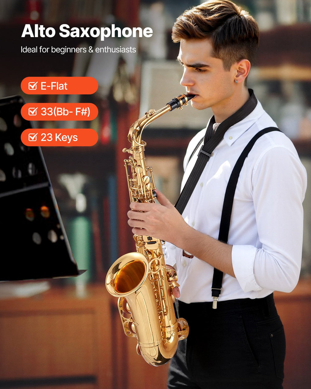 Person playing an alto saxophone with product details on a blurred background