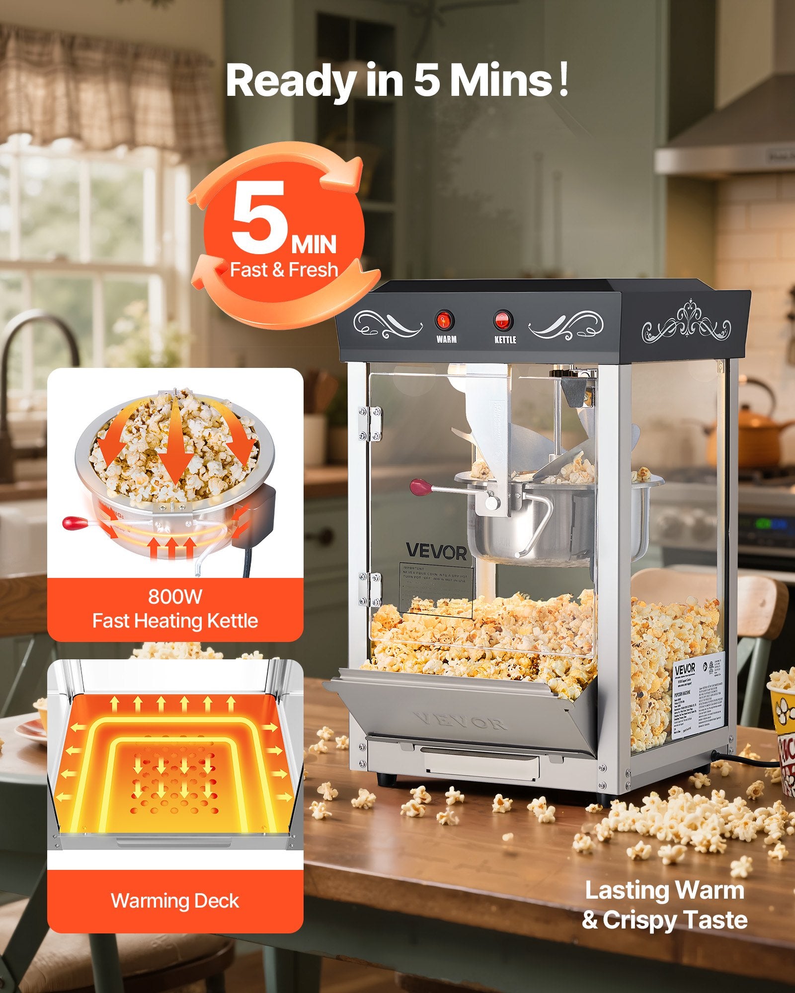 Popcorn machine and kettle on a kitchen counter with text about quick preparation time.