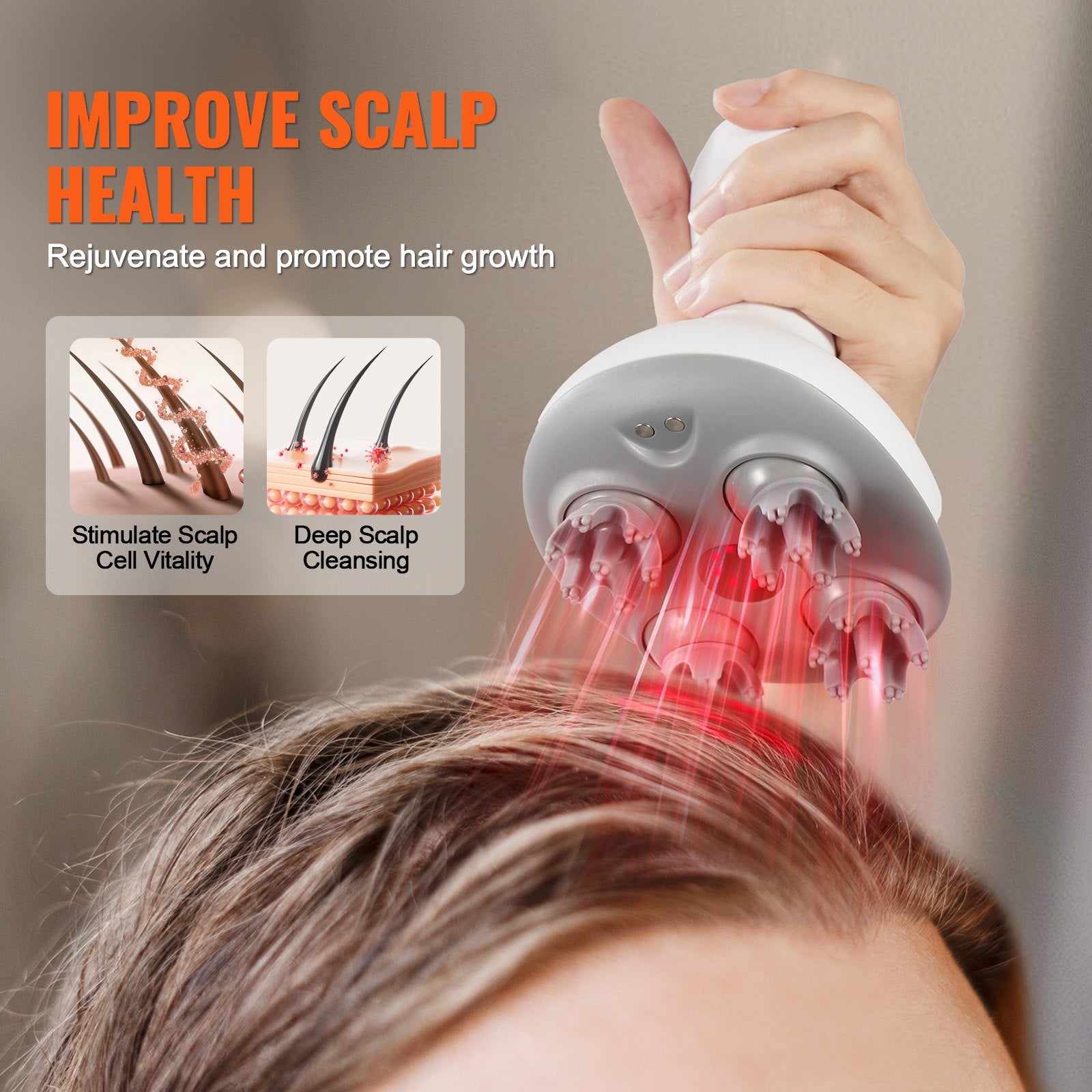 Scalp massager with red light therapy on a blurred background