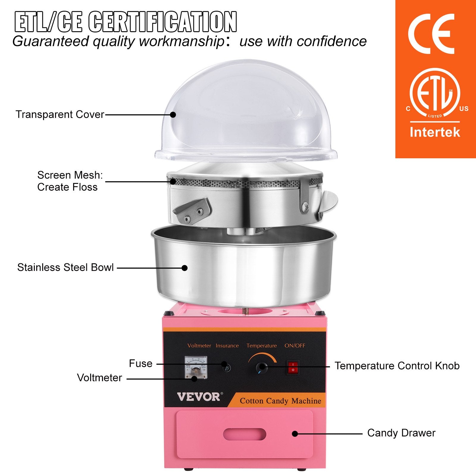 1000W Electric Cotton Candy Machine Advance with Stainless Steel Bowl – Pink