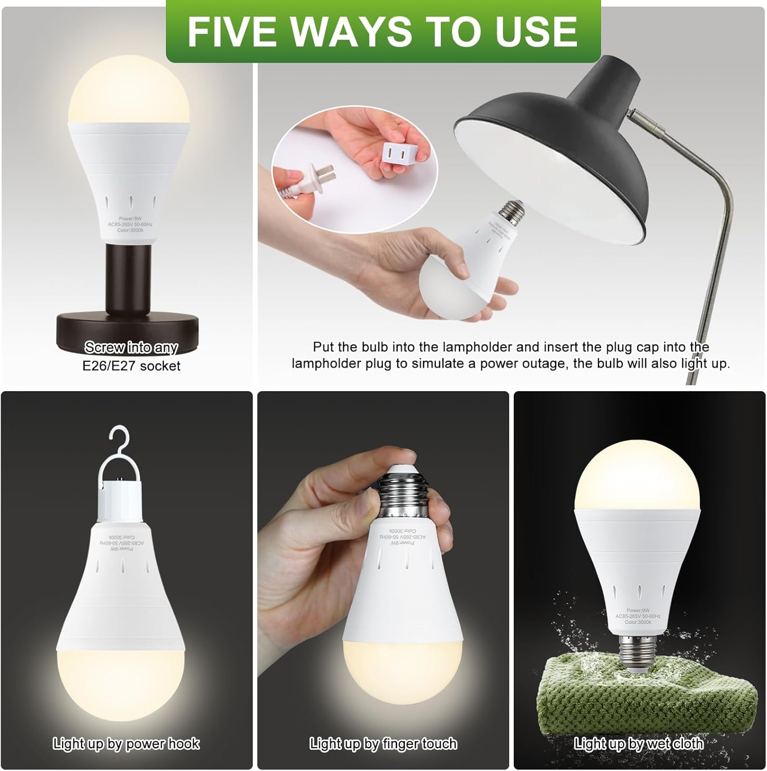 8PCS 4PCS Rechargeable LED Light Bulbs 80W Equivalent 1200mAh Battery Backup For Power Outages Emergency Use A19 Size E26 E27 Socket Portable Flashlight