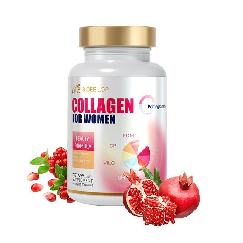 Collagen supplement bottle for women with pomegranate graphics on a white background