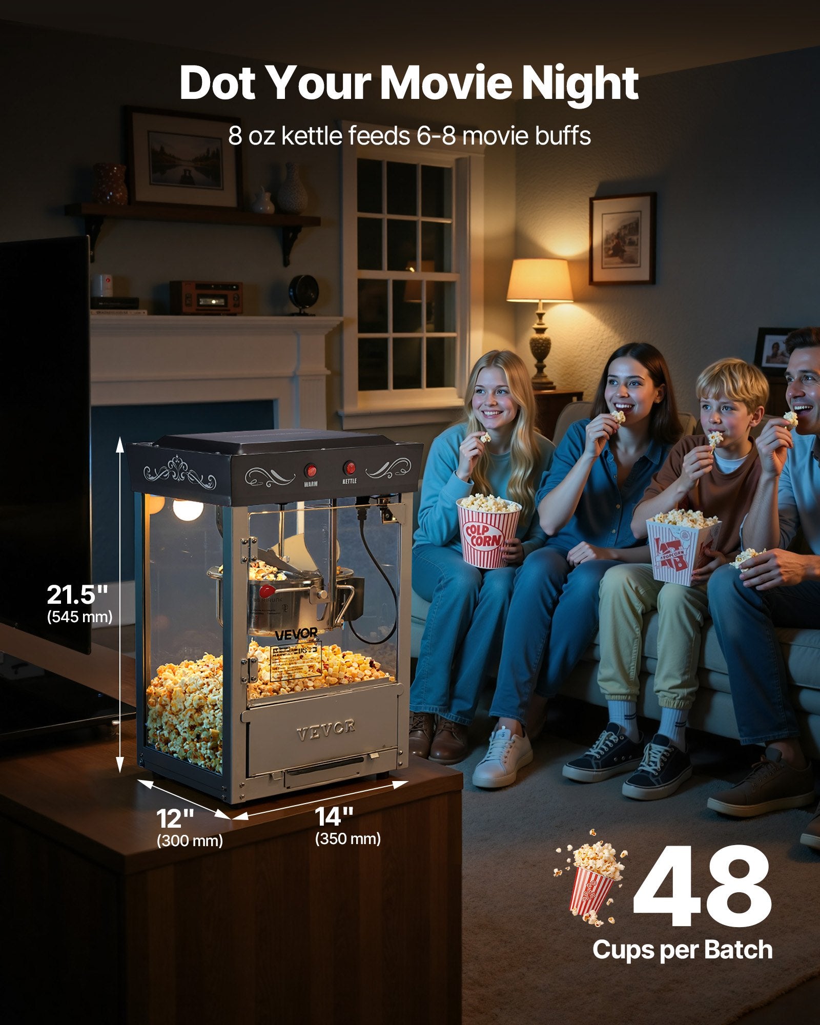 Popcorn machine with people eating popcorn in a cozy living room setting, emphasizing the capacity and usage.