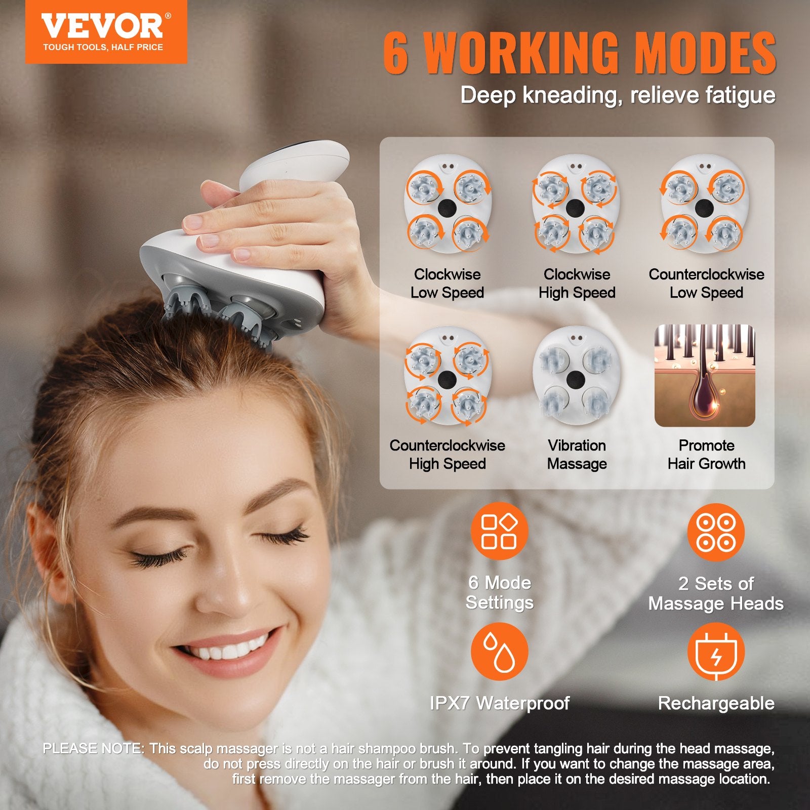 Vevor scalp massager with 6 working modes displayed on a blurred background