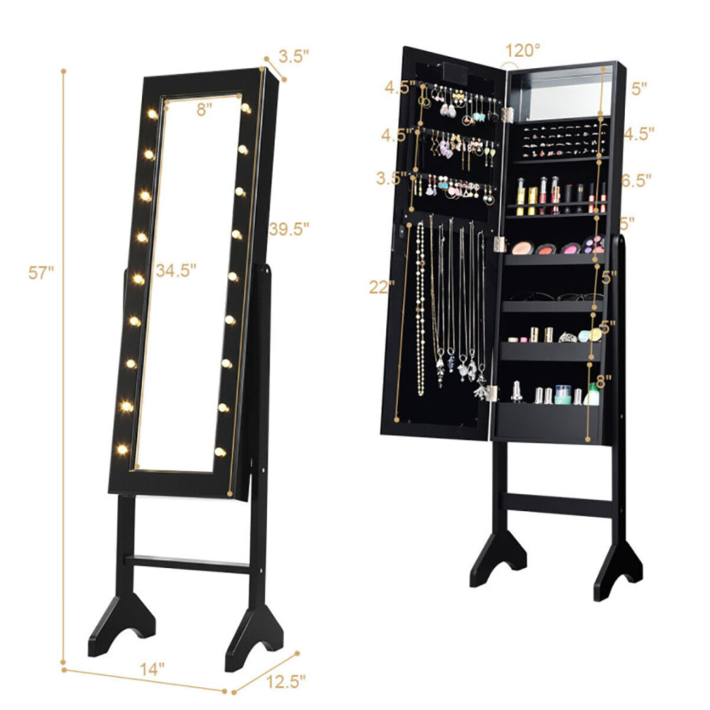 Standing Jewelry Armoire Cabinet, Full-Length Mirror, LED Lights