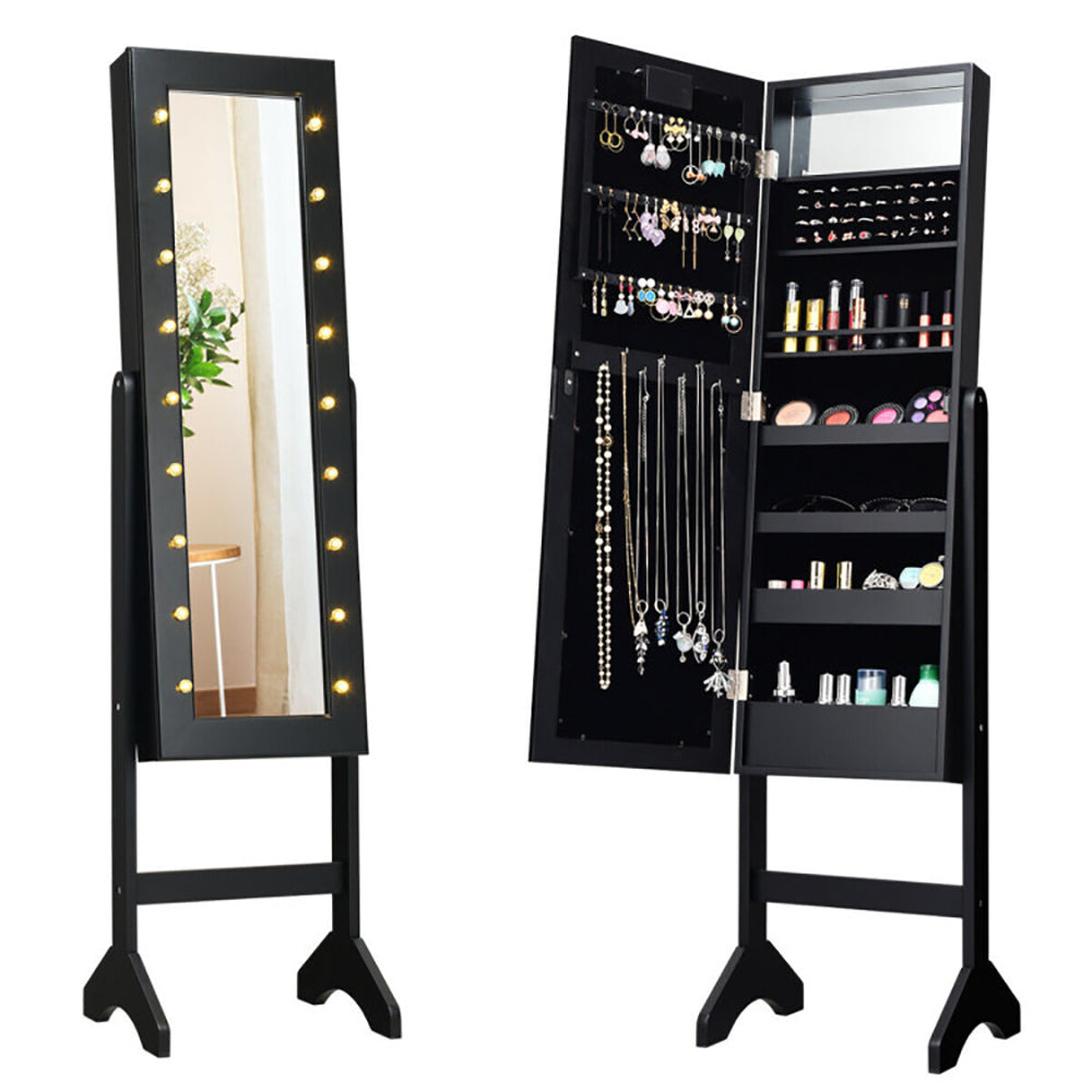 Standing Jewelry Armoire Cabinet, Full-Length Mirror, LED Lights