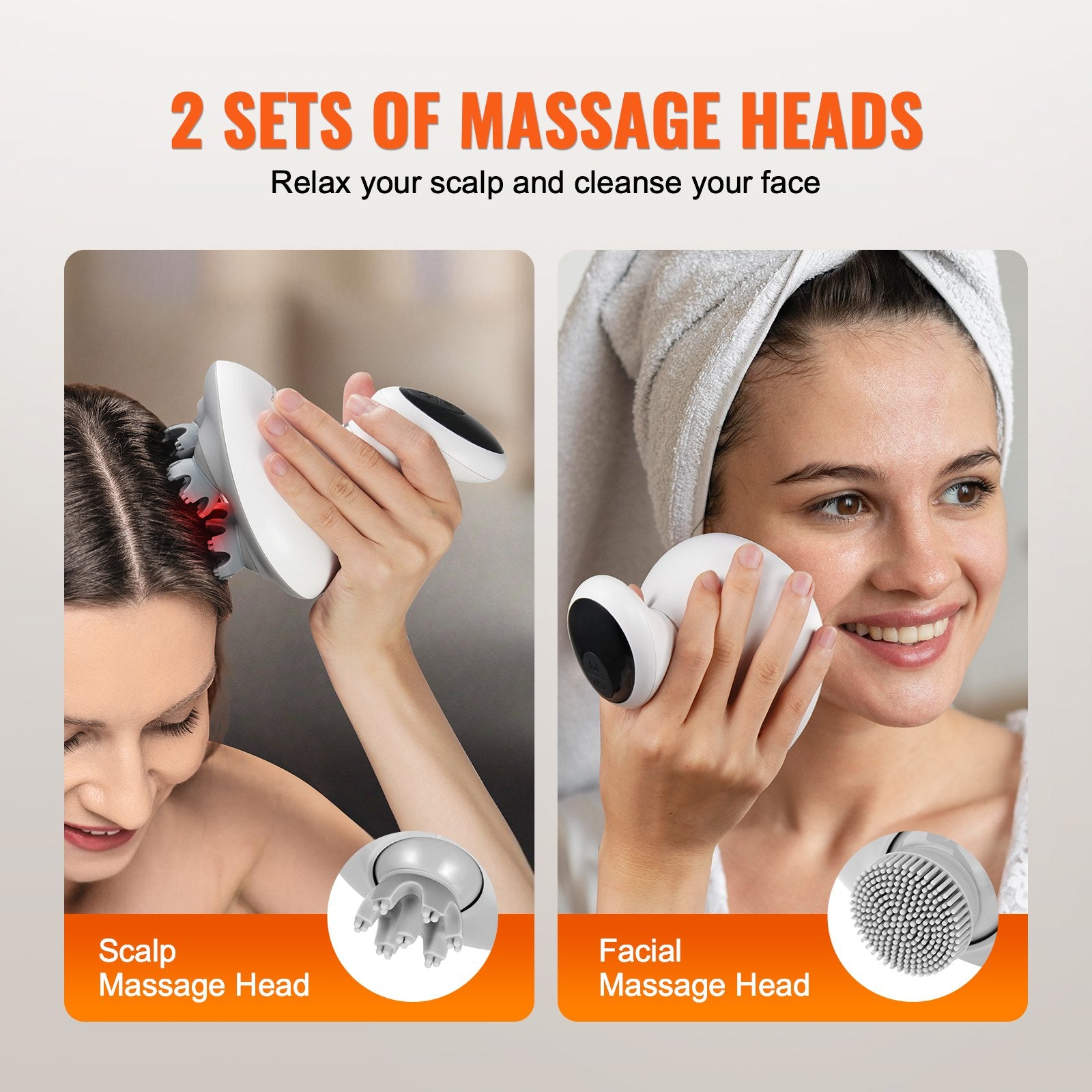 Two sets of massage heads for scalp and facial use with a woman using them.