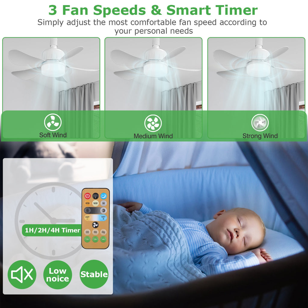 1Pc Socket Fan Light 12W Ceiling Fan With Lights Dimmable LED Ceiling Fan With 3 Fan Speed Stepless Brightness And Color Temperature Smart Timer Remote Control