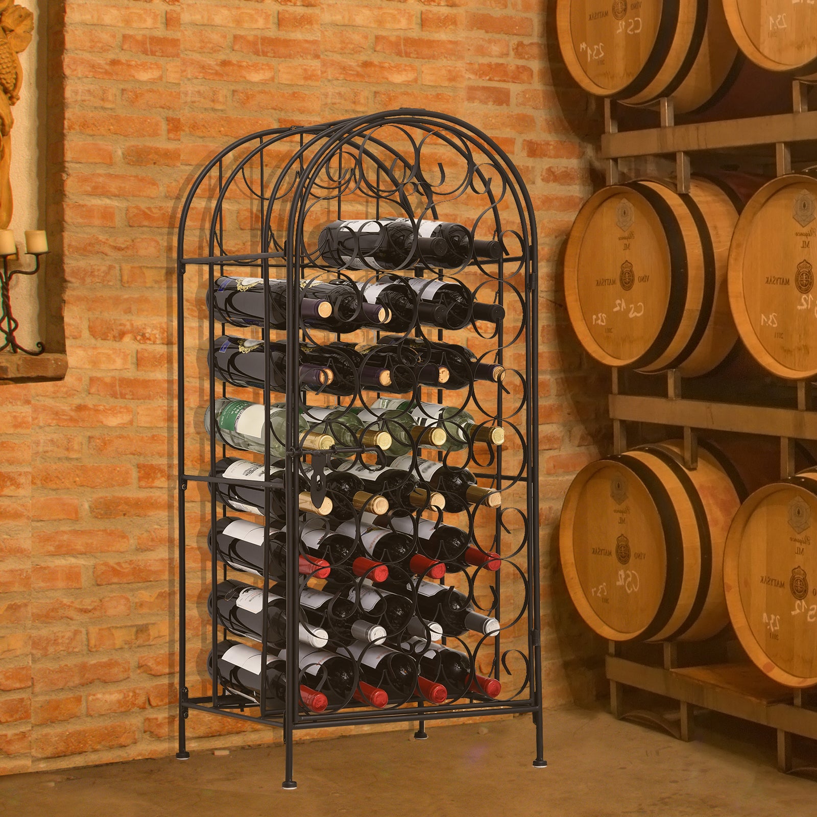 35 Bottle Wrought Iron Wine Rack Cabinet with Lock-Black