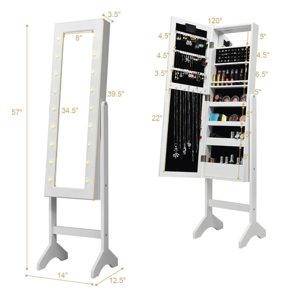 Standing Jewelry Armoire Cabinet, Full-Length Mirror, LED Lights