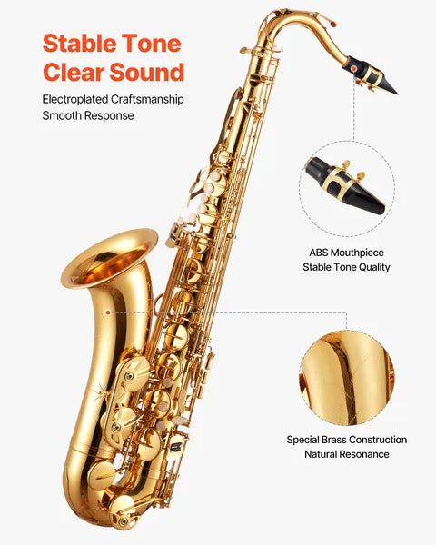 23-Key B♭ Tenor Saxophone Beginner Kit Brass Gold with 24-Note Range Comfortable Shell Keys & 2-in-1 Carrying Case