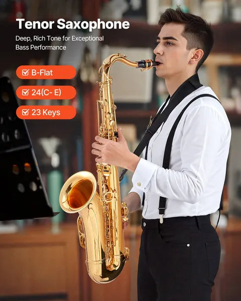 23-Key B♭ Tenor Saxophone Beginner Kit Brass Gold with 24-Note Range Comfortable Shell Keys & 2-in-1 Carrying Case