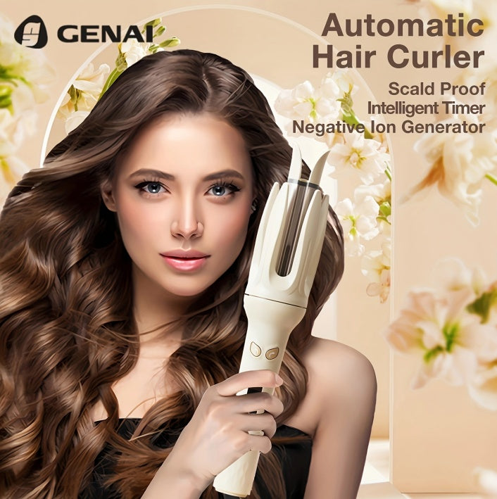 Woman with styled hair holding a GENAI automatic hair curler against a floral background