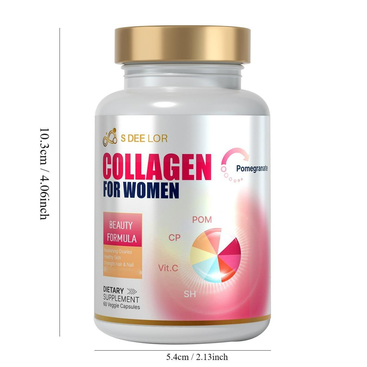 Collagen supplement bottle for women with measurements on a white background