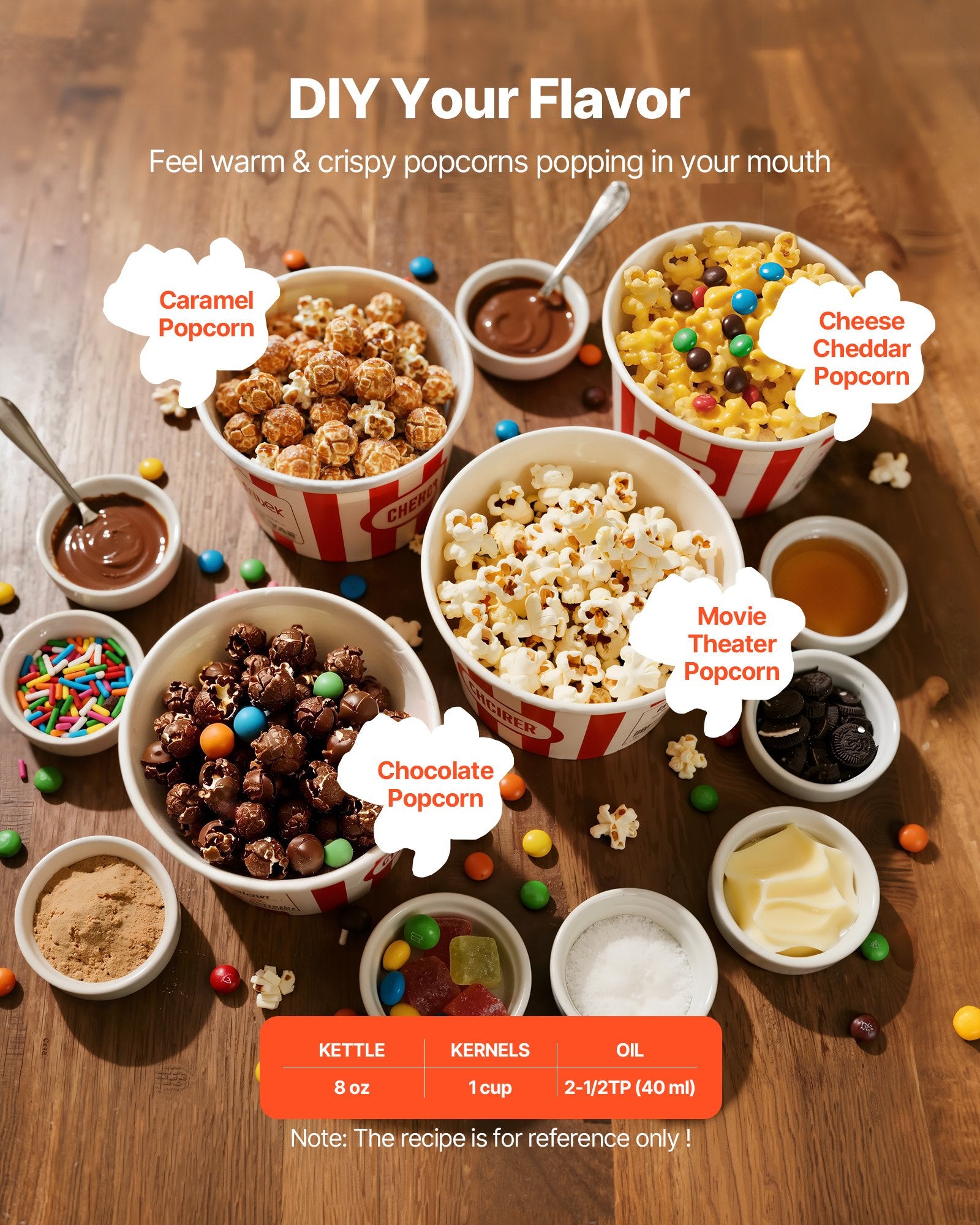 Assorted popcorn flavors with ingredients on a wooden surface