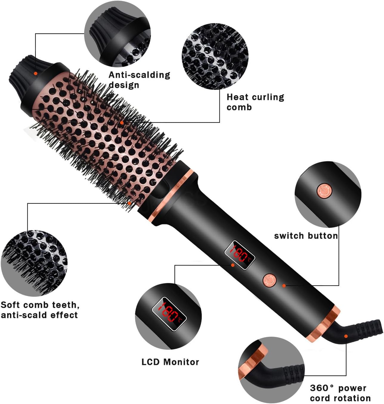 1.5″ Heated Volumizing Curling Brush with LCD Display & 10 Temperature Settings
