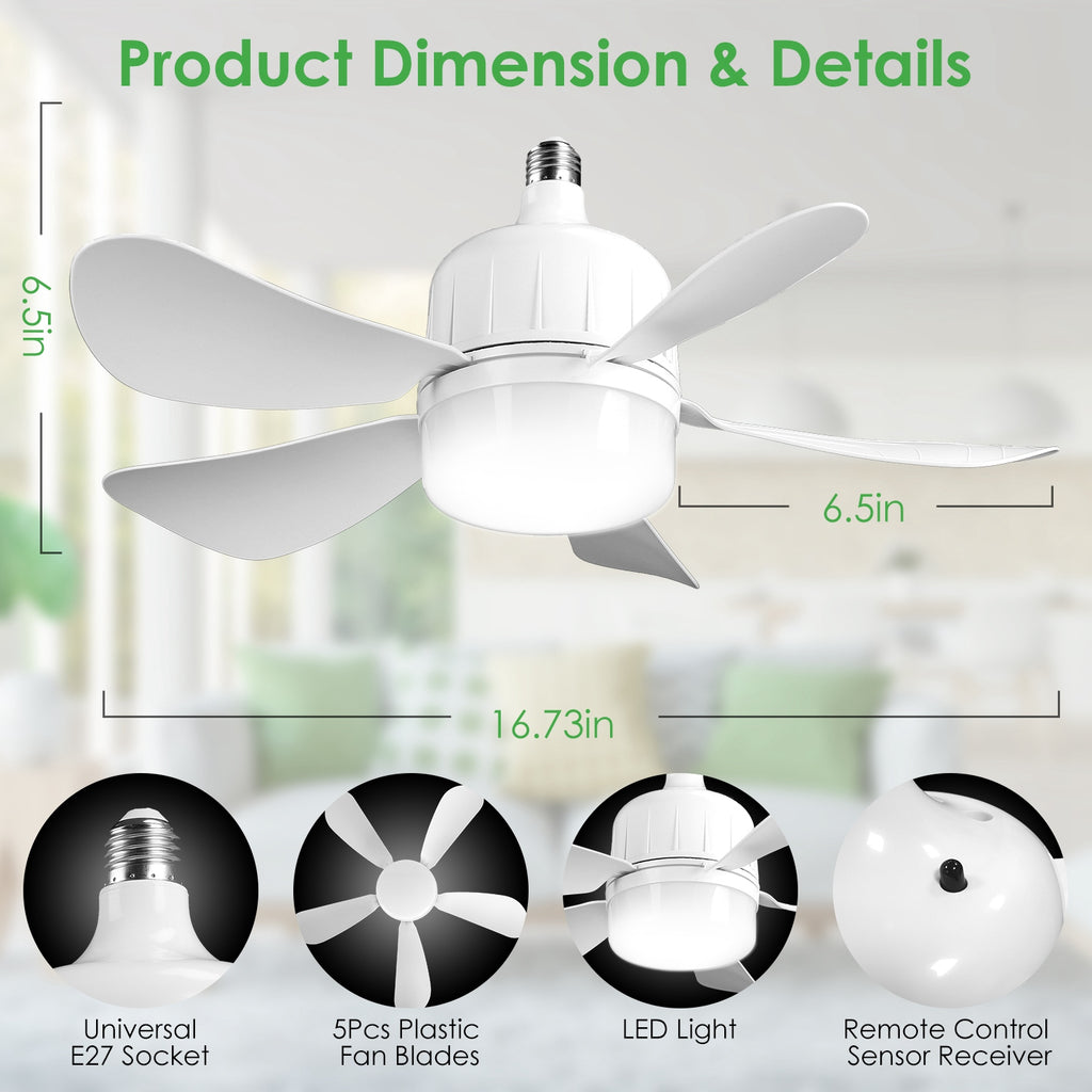 1Pc Socket Fan Light 12W Ceiling Fan With Lights Dimmable LED Ceiling Fan With 3 Fan Speed Stepless Brightness And Color Temperature Smart Timer Remote Control