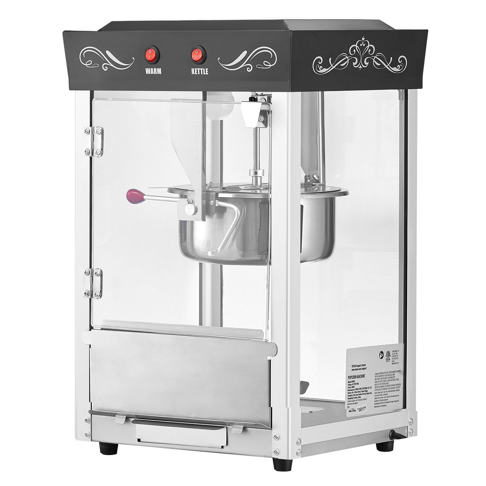 Popcorn machine with a clear glass front on a white background
