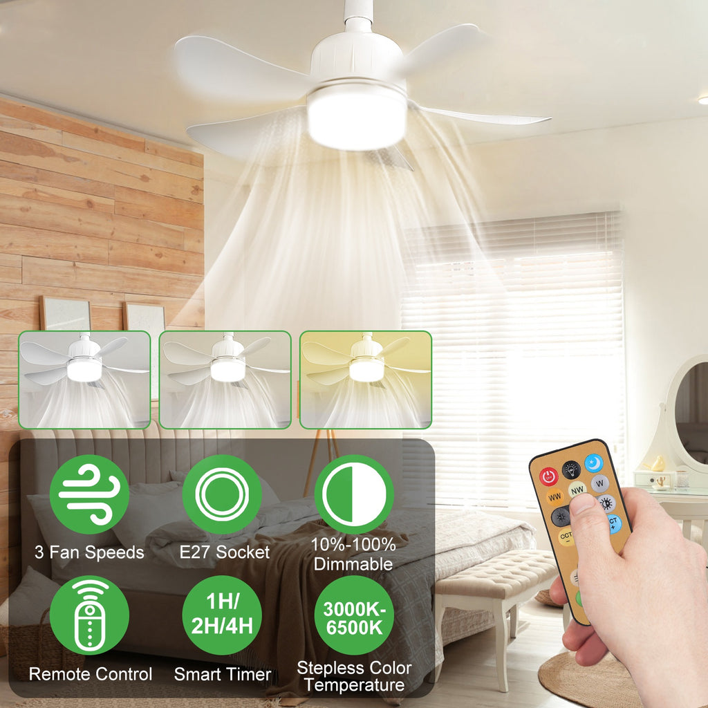 1Pc Socket Fan Light 12W Ceiling Fan With Lights Dimmable LED Ceiling Fan With 3 Fan Speed Stepless Brightness And Color Temperature Smart Timer Remote Control