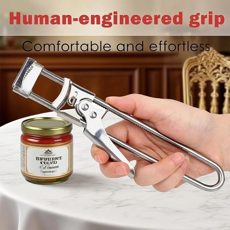 Copper jar opener being used on a jar with text highlighting 'Human-engineered grip' and 'Comfortable and effortless'.