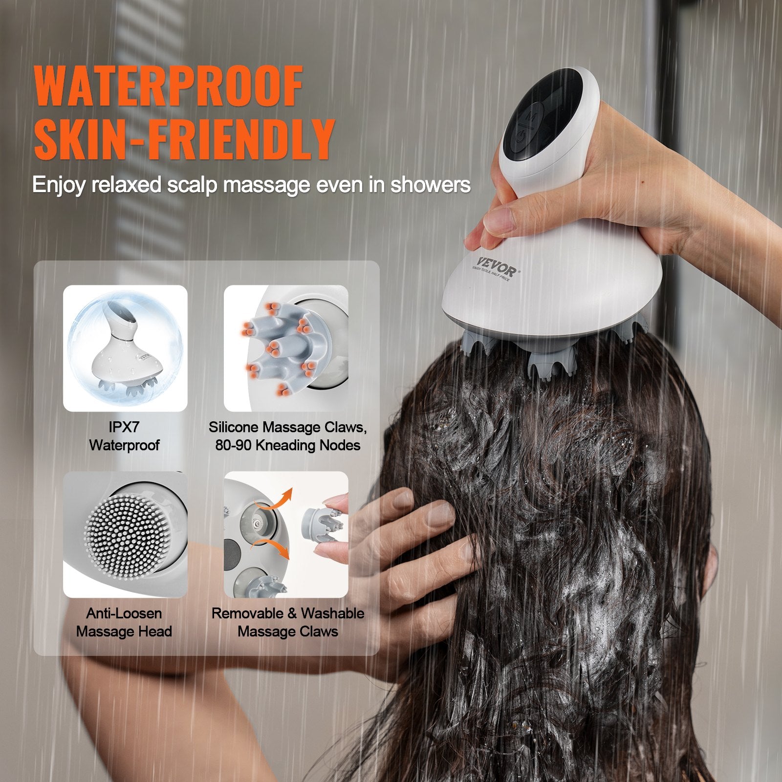 Person using a scalp massager in the shower with product features highlighted.