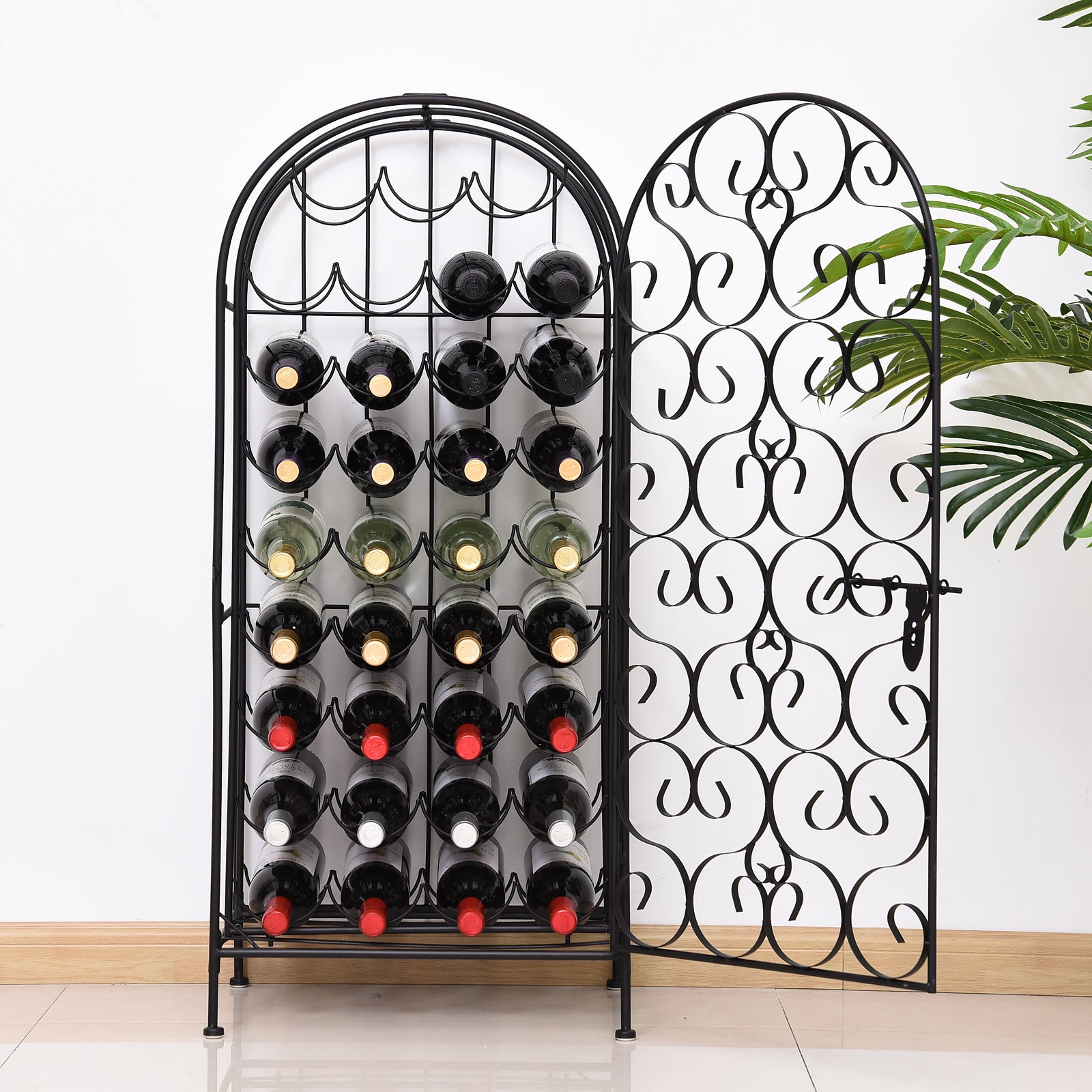35 Bottle Wrought Iron Wine Rack Cabinet with Lock-Black
