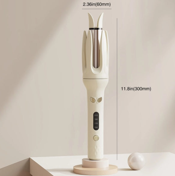 White hair straightener with measurement details on a light beige background