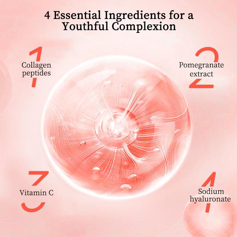 Diagram of 4 essential ingredients for a youthful complexion on a pink background