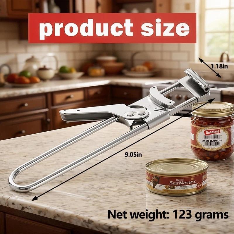 Canning opener on a kitchen counter with measurements and product details.