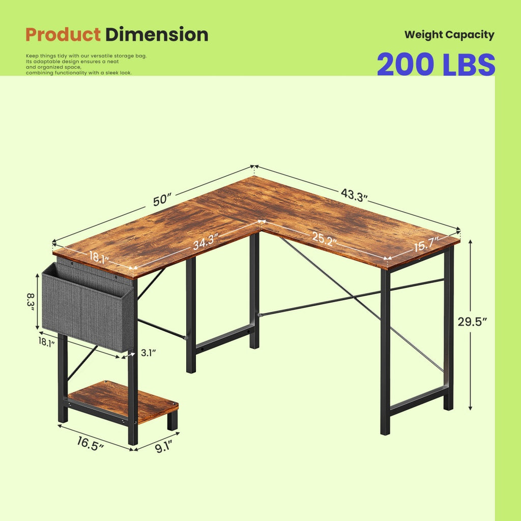 49″ L-Shaped Computer Desk with CPU Stand