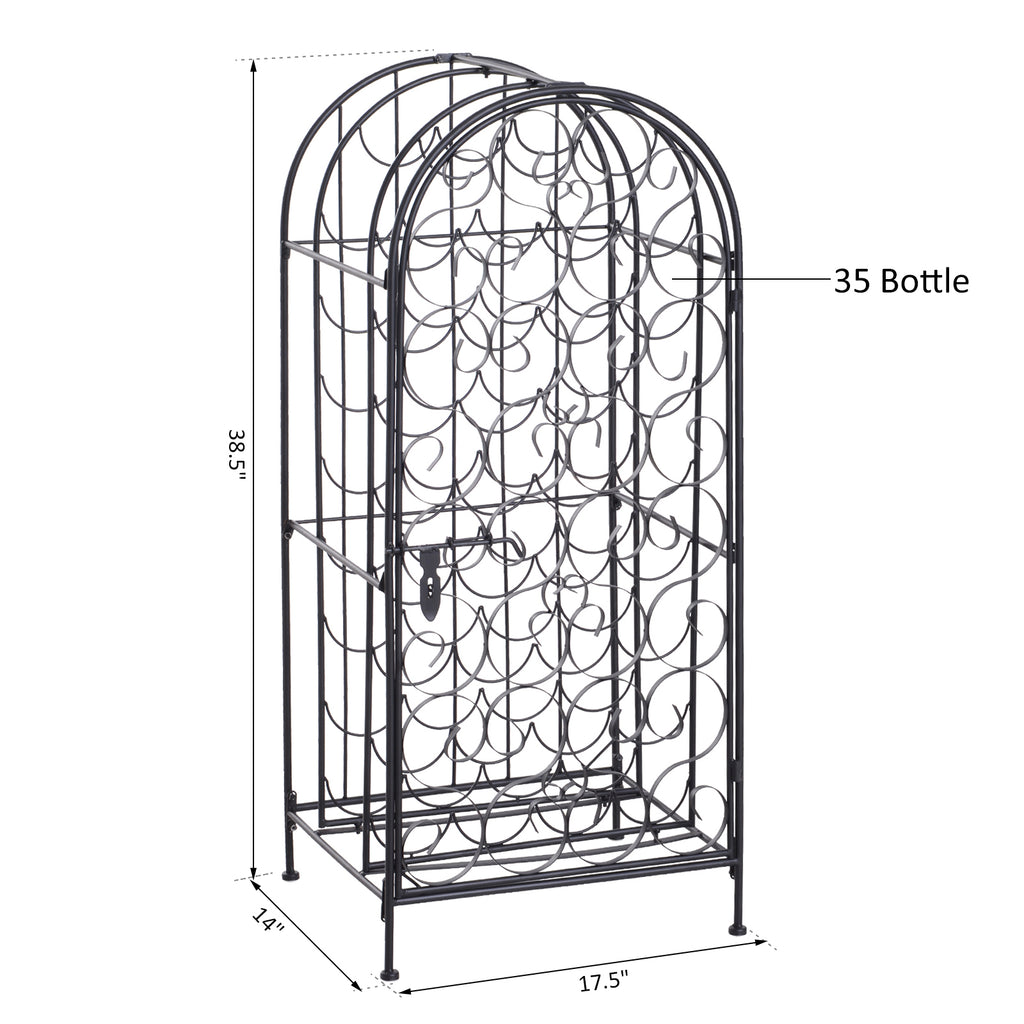 35 Bottle Wrought Iron Wine Rack Cabinet with Lock-Black